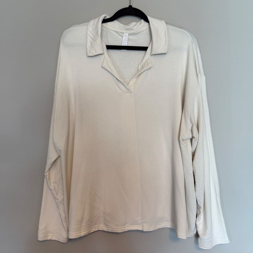 Stylus Women's Cream Collared Long Sleeve Pullover‎ Soft Neutral Layering Top 2X